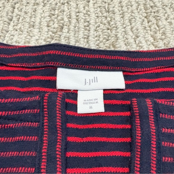 J. Jill Navy and Red Striped Jacquard Split Neck Top Slight Puff Sleeve Size M - Picture 3 of 10